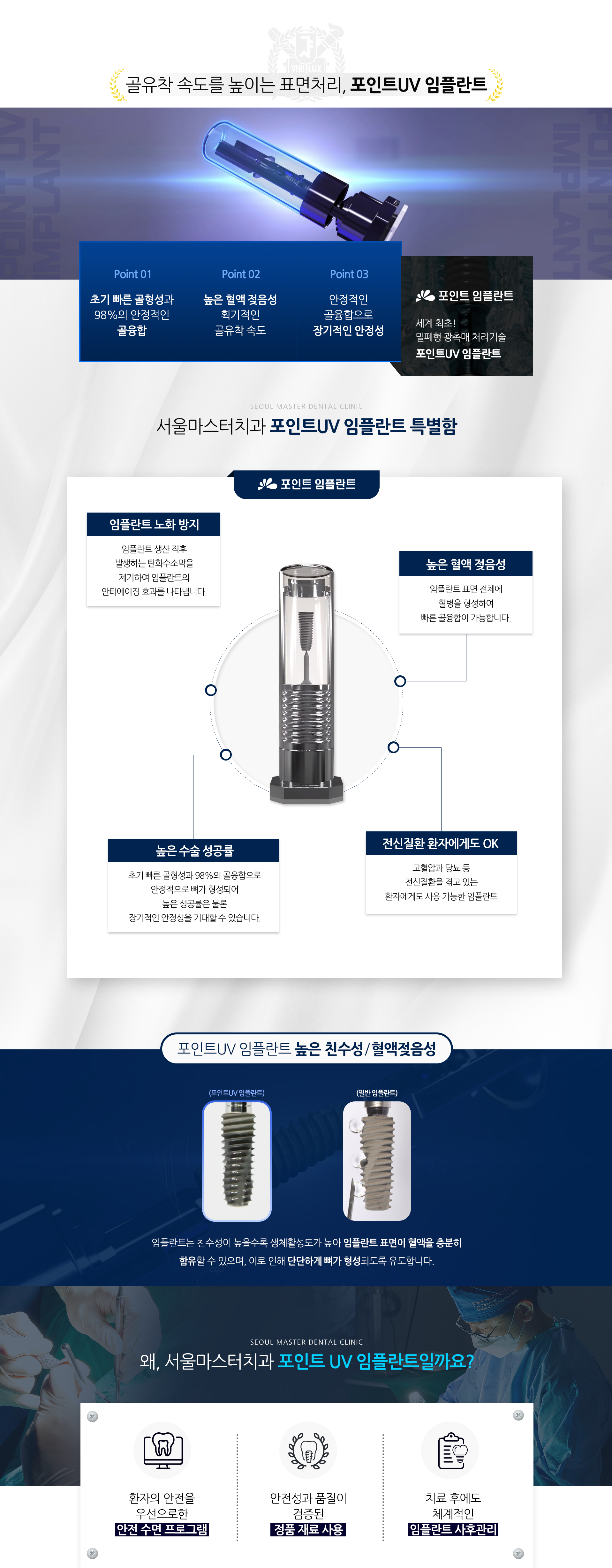 포인트-UV-임플란트-특징1-초기-빠른-골형성과-98%의-안정적인-골융합-특징2-높은-혈액-젖음성-획기적인-골유착-속도-특징3-안정적인-골융합으로-장기적인-안정성-특별함1-임플란트-생산-직후-발생하는-탄화수소막을-제거하여-임플란트의-안티에이징-효과를-나타냅니다-특별함2-임플란트-표면-전체에-혈병을-형성하여-빠른-골융합이-가능합니다-초기-빠른-골형성과-98%의-골융합으로-안정적으로-뼈가-형성되어-높은-성공률은-물론-장기적인-안정성을-기대할-수-있습니다-고혈압과-당뇨-등-전신질환을-겪고-있는-환자에게도-사용-가능한-임플란트