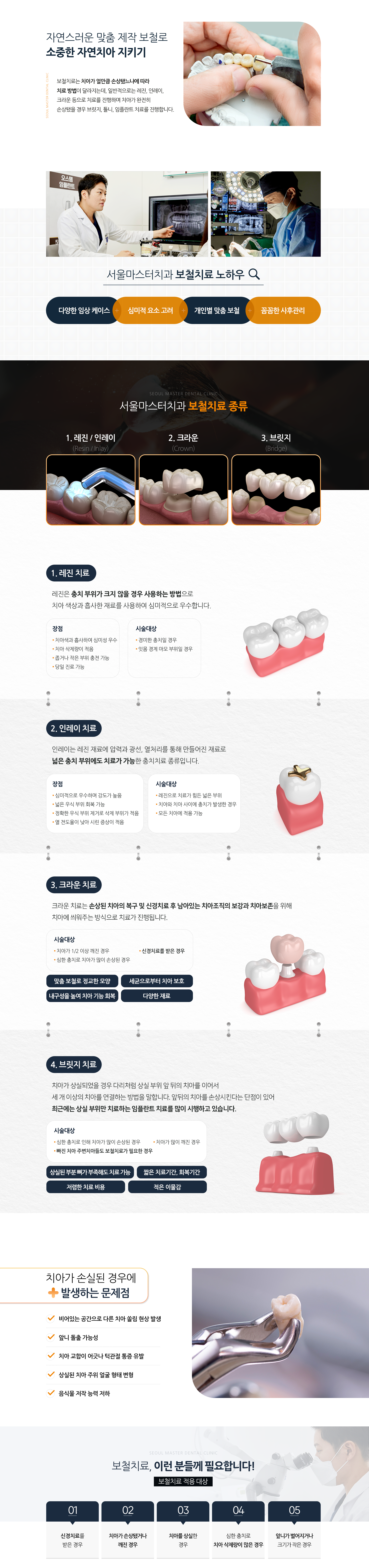 보철치료-종류1-레진-치료-충치-부위가-크지-않을-경우-사용하는-방법으로-치아-색상과-흡사한-재료를-사용하여-심미적으로-우수합니다-종류2-인레이-치료-레진-재료에-압력과-광선-열처리를-통해-만들어진-재료로-넓은-충치-부위에도-치료가-가능합니다-종류3-크라운-치료-손상된-치아의-복구-및-신경치료-후-남아있는-치아조직의-보강과-치아보존을-위해-치아에-씌워주는-방식으로-치료가-진행됩니다-종류4-브릿지-치료-치아가-상실되었을-경우-다리처럼-상실-부위-앞뒤의-치아를-이어서-세-개-이상의-치아를-연결하는-방법을-말합니다-앞뒤의-치아를-손상시킨다는-단점이-있어-최근에는-상실-부위만-치료하는-임플란트-치료를-많이-시행하고-있습니다-치아가-손실된-경우에-발생하는-문제점-비어있는-공간으로-다른-치아-쏠림-현상-발생-앞니-돌출-가능성-치아-교합이-어긋나-턱관절-통증-유발-상실된-치아-주위-얼굴-형태-변형-음식물-저작-능력-저하-적용-대상-신경치료를-받은-경우-치아가-손상됐거나-깨진-경우-치아를-상실한-경우-심한-충치로-치아-삭제량이-많은-경우-앞니가-벌어지거나-크기가-작은-경우